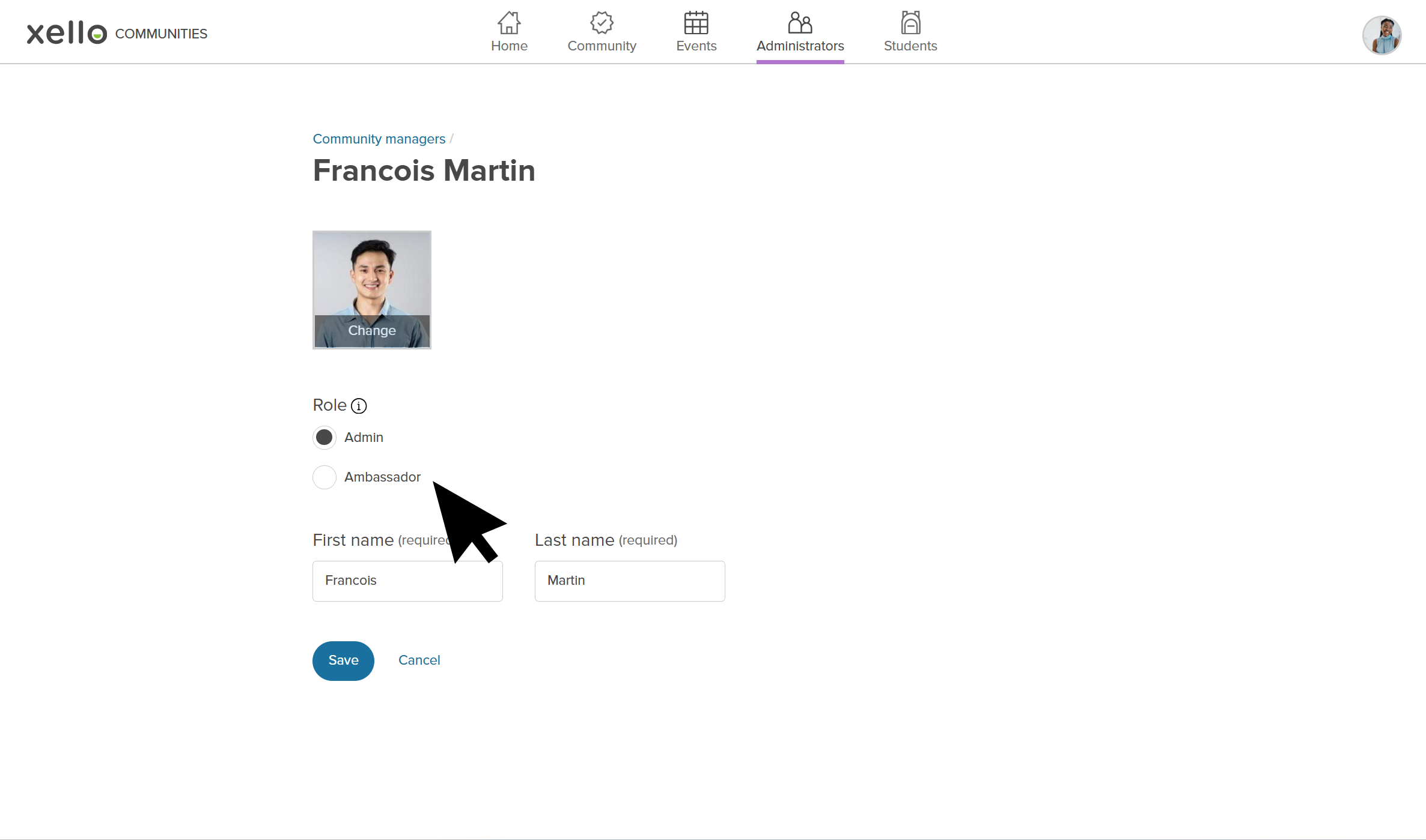 A community manager's profile with the cursor clicking Ambassador to change it from Admin.